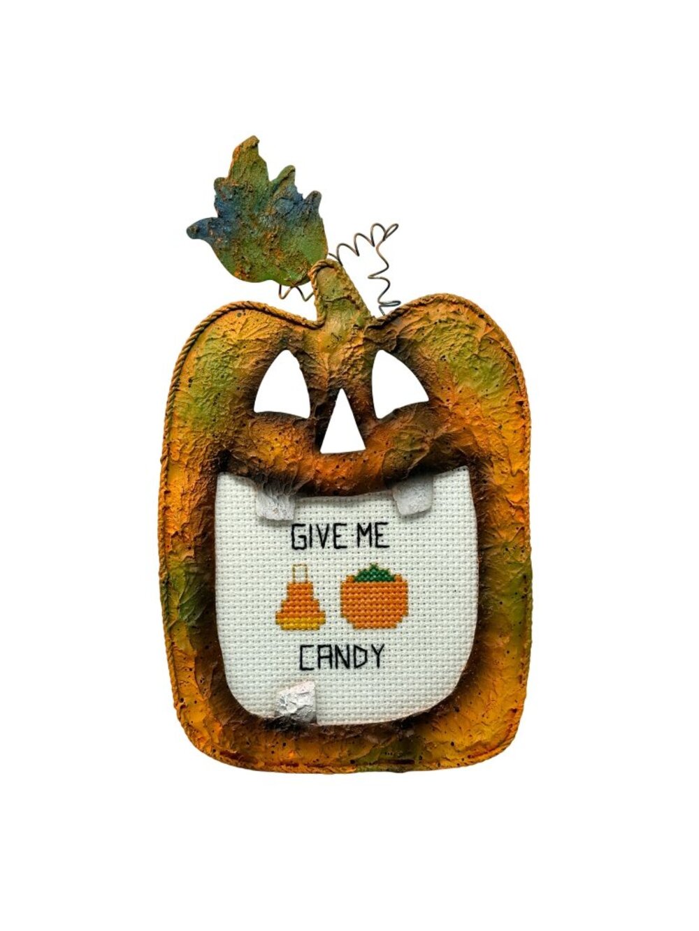 Rustic Halloween Metal Picture Frame Jack O Lantern Pumpkin Cross Stitch Candy